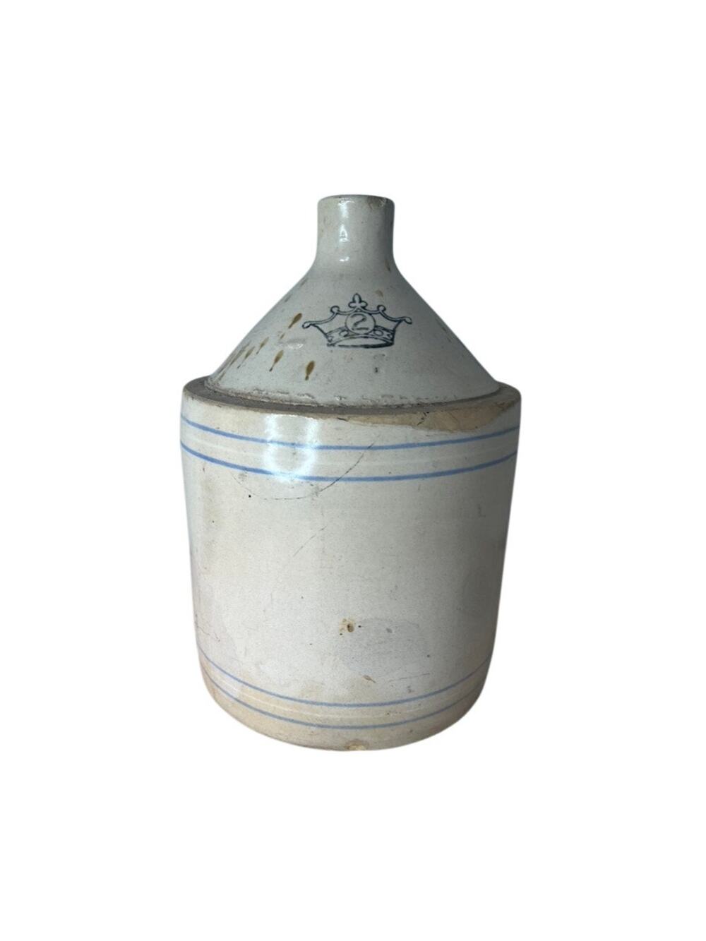 Rare Crown Stoneware 2 Gallon Whiskey Jug with Cobalt Stripes